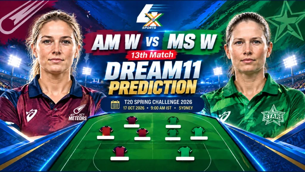 AM W vs MS W Dream11 Prediction — 13th, Sydney, 2026-10-17. Promotional cricket illustration.