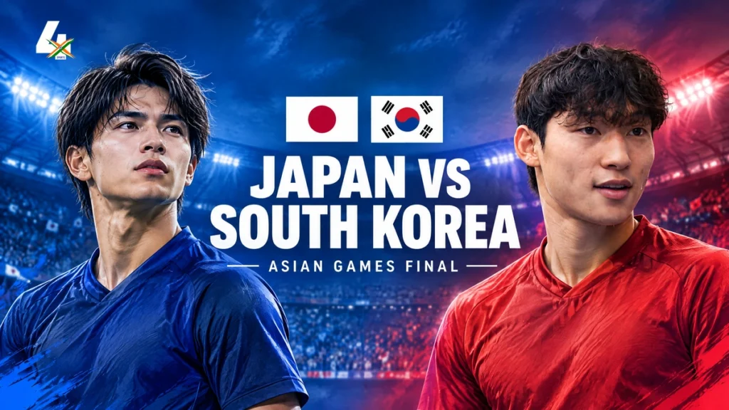 4xSports illustration for the upcoming Japan–South Korea football final: representative Japan player, Bae Jun-ho-inspired Korean player, national flags; not a match photograph.