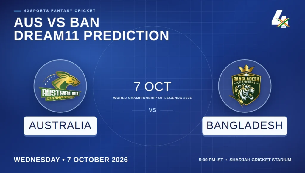 Australia Champions and Bangladesh Champions official WCL crests on blue 4xSports 7 October Dream11 preview cover