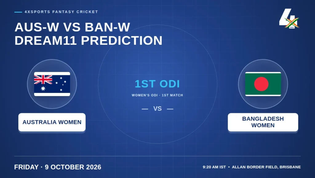 Australia Women vs Bangladesh Women 1st ODI Dream11 preview, Friday 9 October 2026, 09:20 IST — 4xSports