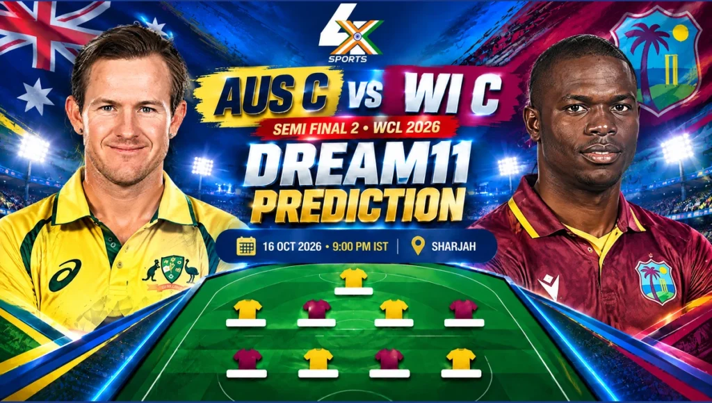 AUS C vs WI C Dream11 Prediction — Semi Final 2, Sharjah, 2026-10-16. Promotional cricket illustration.