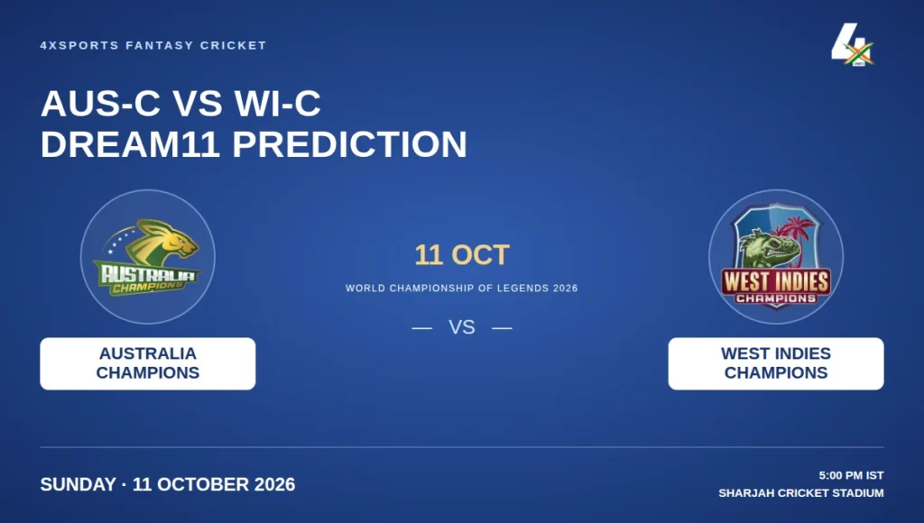 4xSports Australia Champions vs West Indies Champions Dream11 graphic with official team crests for Sharjah on 11 October 2026 at 5:00 PM IST