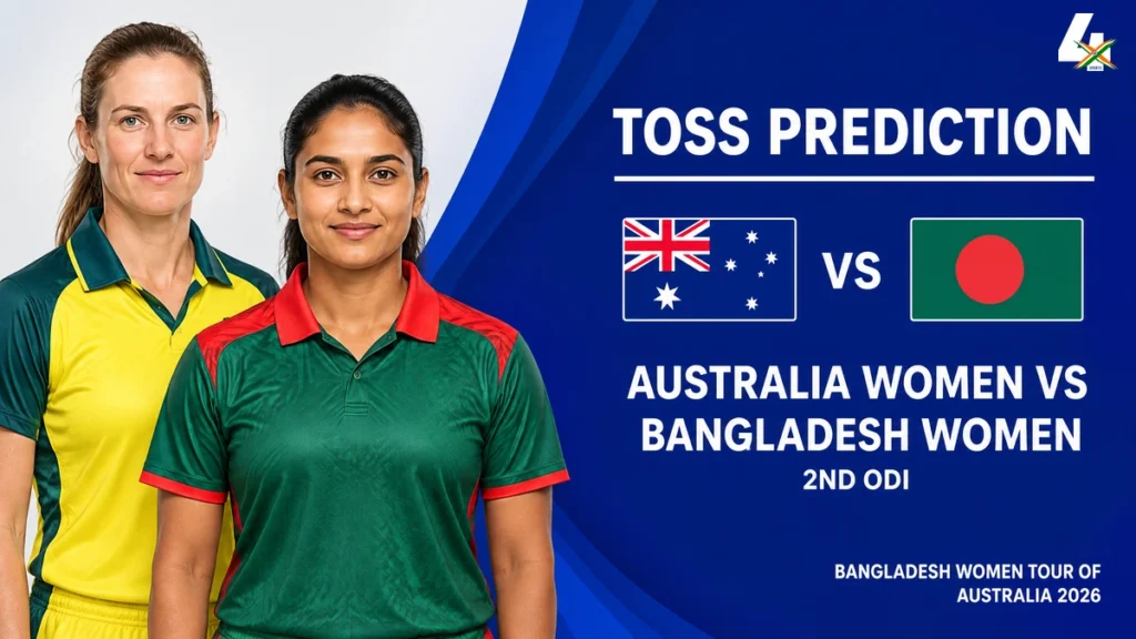 AI-generated editorial captain illustrations of Tahlia McGrath and Nigar Sultana Joty, facing forward on the left of a toss prediction graphic.