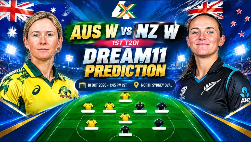 AUS W vs NZ W Dream11 Prediction — 1st T20I, Sydney, 2026-10-18. Promotional cricket illustration.