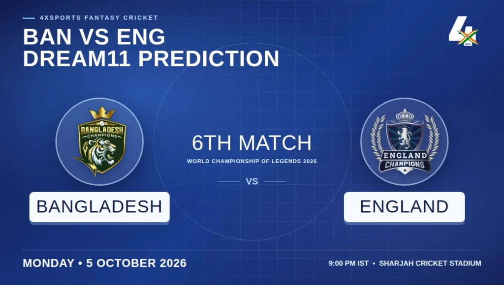 Bangladesh Champions and England Champions official WCL crests on a blue 4xSports Match 6 Dream11 cover; centered match label
