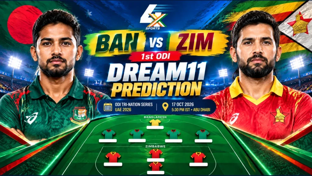 BAN vs ZIM Dream11 Prediction Today Match 1st ODI: Playing XI, Pitch Report, Fantasy Cricket Tips, Dream11 Team Captain And Vice-Captain Choices – ODI Tri-Nation Series In UAE, 2026 BAN vs ZIM Dream11 Prediction — 1st, Abu Dhabi, 2026-10-17. Promotional cricket illustration.