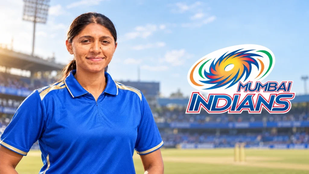 Bharti Rawal on the left with the Mumbai Indians logo on a unique team-colour cricket background.