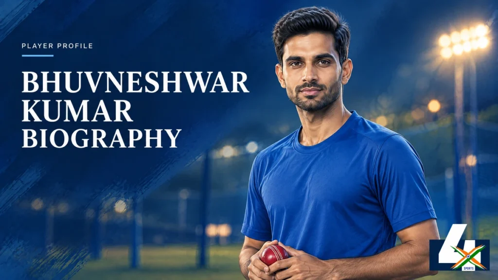 4xSports original editorial illustration of Bhuvneshwar Kumar for his biography; not a documentary photograph.