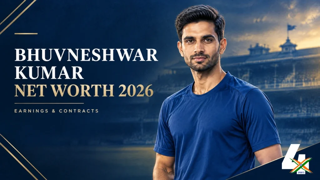 4xSports original editorial illustration of Bhuvneshwar Kumar for his net-worth and cricket earnings article; not a documentary photograph.