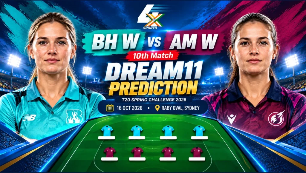 BH W vs AM W Dream11 Prediction — 10th, Sydney, 2026-10-16. Promotional cricket illustration.