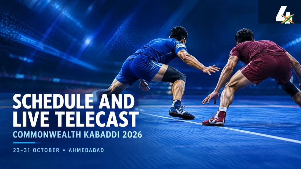 Commonwealth Kabaddi 2026 schedule and live telecast guide with athletes, editorial illustration
