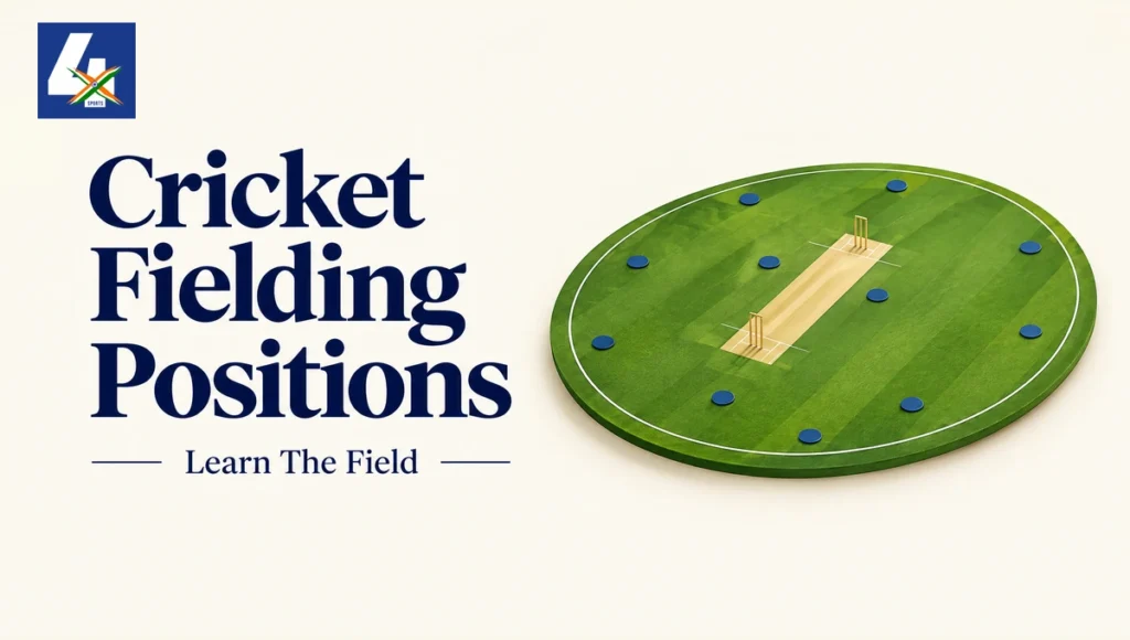 Cricket Fielding Positions: An editorial cricket ground illustration with conceptual field markers, not a measured tactical XI — AI-assisted editorial illustration.