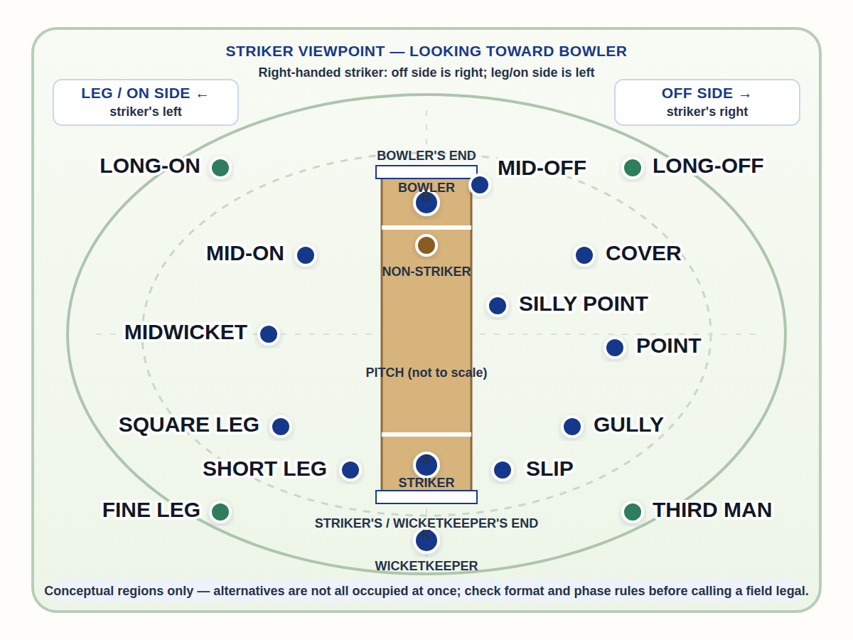 Top-down cricket field from a right-handed striker's viewpoint, with off-side positions on the right, leg-side positions on the left, wicketkeeper behind the striker's stumps and labelled fielding regions.