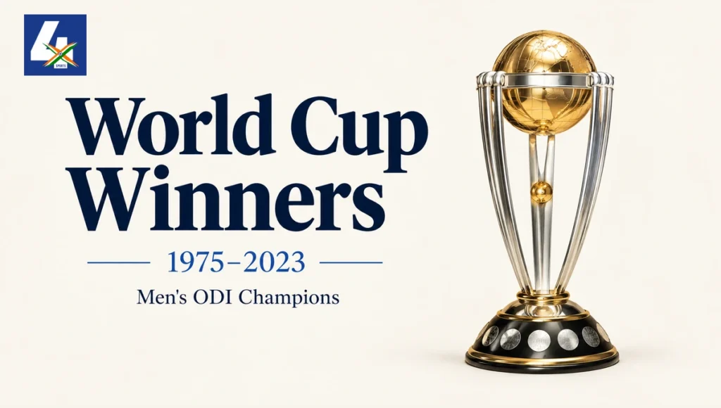 World Cup Winners, 1975–2023: a gold-and-silver trophy editorial illustration beside the Men's ODI Champions title.