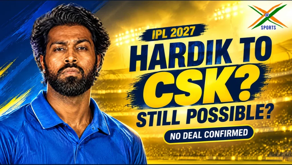 CSK Hardik Pandya trade editorial illustration: Hardik in blue, no deal confirmed