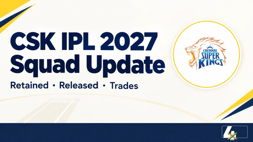 Chennai Super Kings IPL 2027 squad update editorial illustration with the official CSK crest; not a confirmed retained-player list.