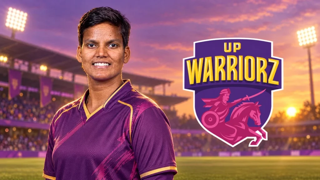 Deepti Sharma on the left with the UP Warriorz logo on a unique team-colour cricket background.