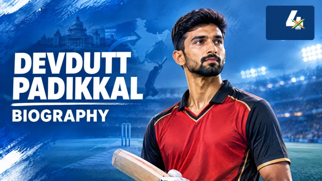 AI-generated editorial illustration of Devdutt Padikkal for a biography guide.