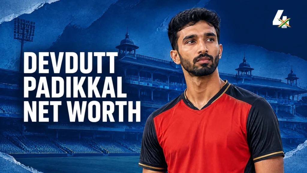 AI-generated editorial illustration of Devdutt Padikkal for a net-worth and IPL contract guide.