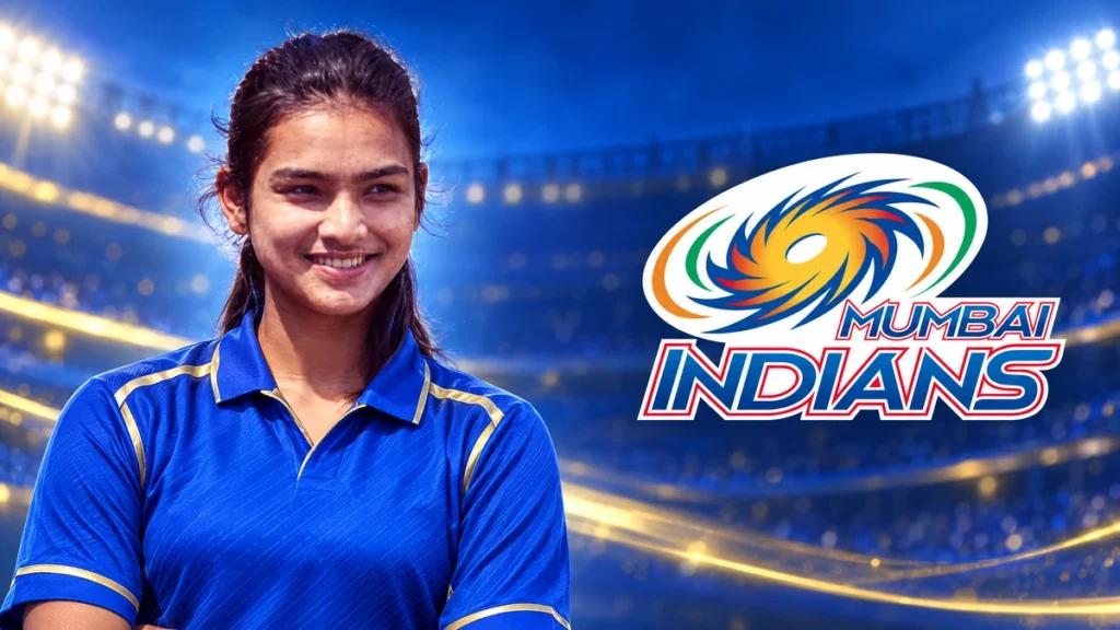 Disha Kasat on the left with the Mumbai Indians logo against a team-colour cricket background.