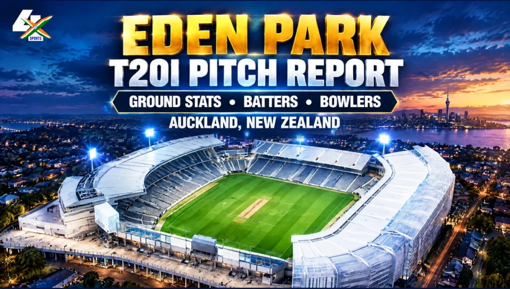 Eden Park T20I Pitch Report — AI editorial stadium illustration.