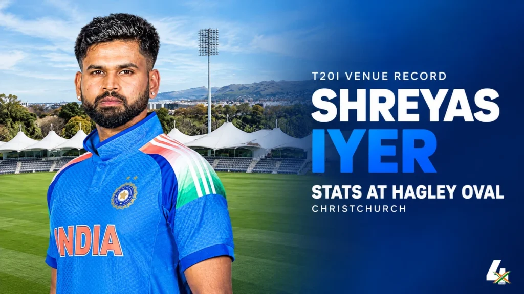Shreyas Iyer At Hagley Oval: T20I Stats Before IND Vs NZ Shreyas Iyer stats at Hagley Oval, Christchurch, with a profile-pose portrait and pavilion background