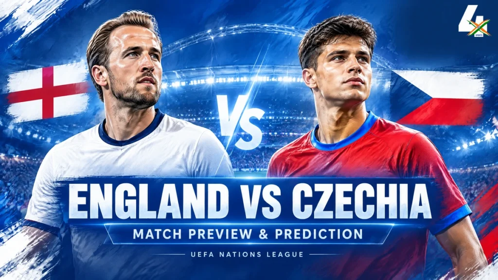 AI-generated editorial illustration for England vs Czechia football match preview, with national flags; not a photograph of the match.