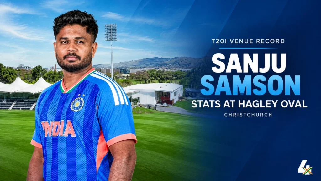 Sanju Samson stats at Hagley Oval, Christchurch, with a profile-pose portrait and pavilion background