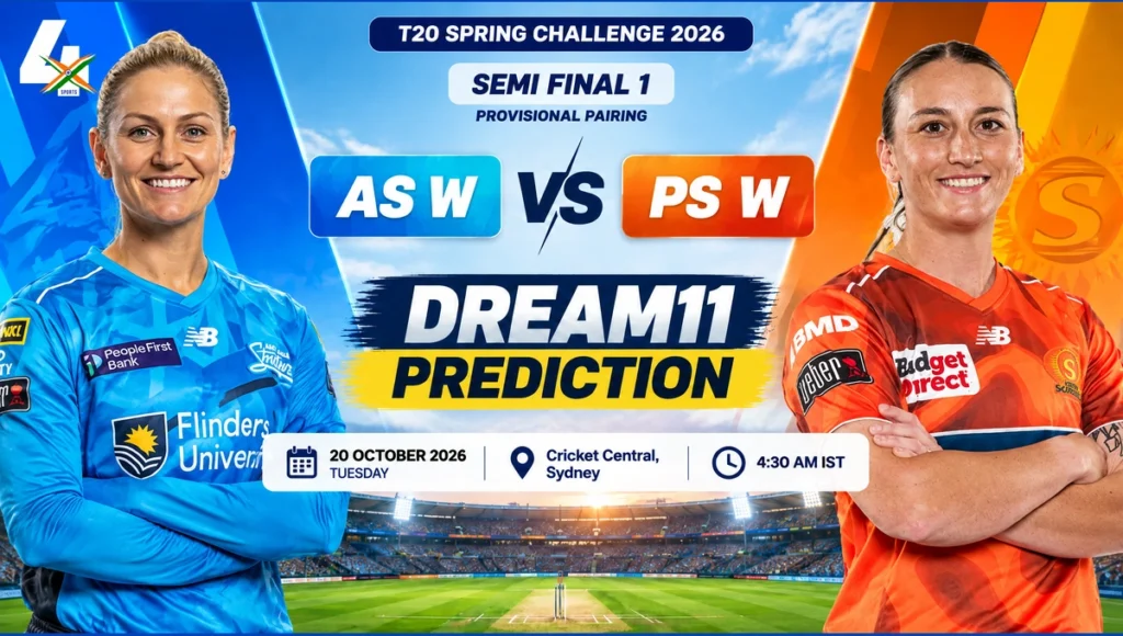 AS W vs PS W Dream11 Prediction, Semi Final 1: AI-assisted editorial matchup illustration with player portraits, team colours and match details.