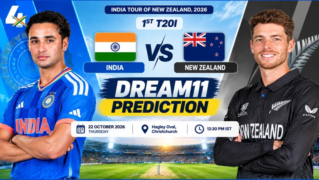 IND vs NZ Dream11 Prediction, 1st T20I: AI-assisted editorial matchup illustration with player portraits, national flags and Hagley Oval match details.