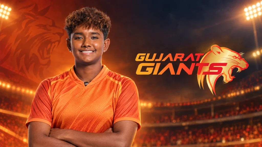 G. Kamalini on the left with the Gujarat Giants logo against a team-colour cricket background.