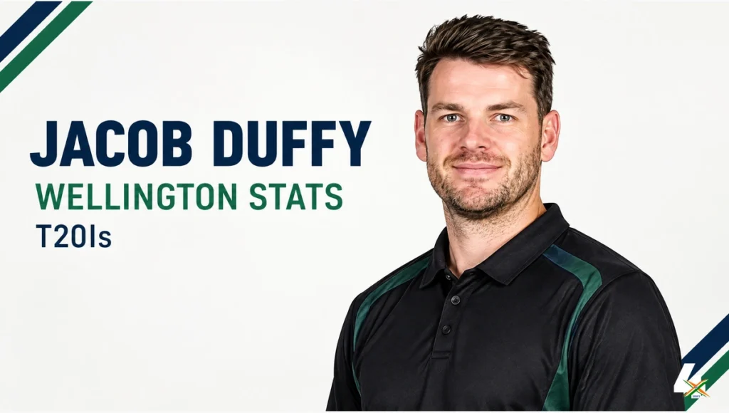 Jacob Duffy Stats At Wellington Stadium In T20Is AI-assisted editorial portrait illustration of Jacob Duffy in generic black New Zealand cricket clothing, with the text Jacob Duffy, Wellington Stats, and T20Is.