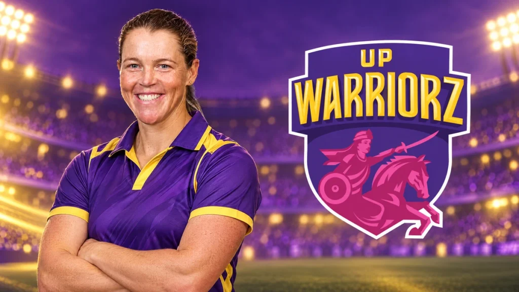 Grace Harris on the left with the UP Warriorz logo against a team-colour cricket background.