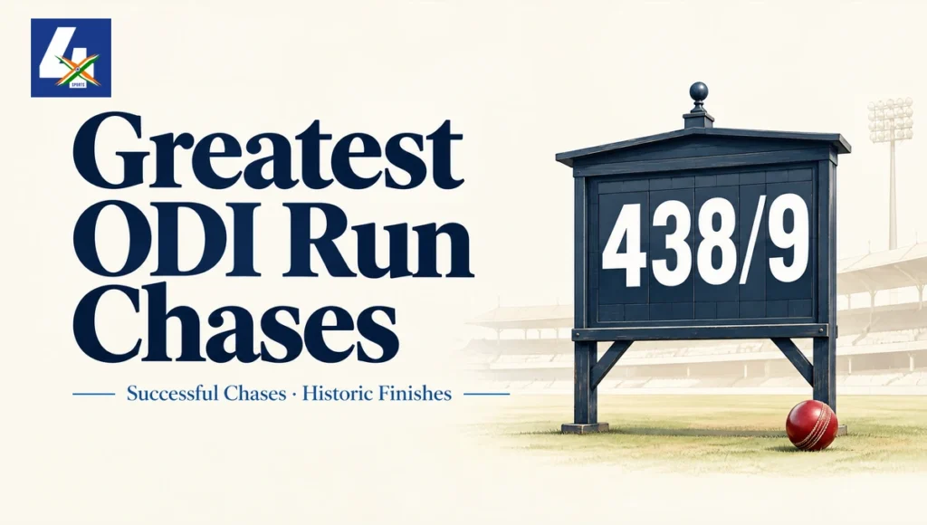 10 Greatest ODI Run Chases: One clean focal point: an honest editorial illustration of a bright cricket stadium and scorecard-style match pressure, anchored to the verified Johannesburg 2006 chase without presenting a fabricated match photograph. — AI-assisted editorial illustration.