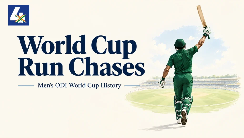 10 Greatest Run Chases: A single clear cricket-chase focal point: a batter completing a high-pressure World Cup run chase, with subtle Hyderabad stadium atmosphere and score-led editorial energy. Do not imply an authentic match photograph unless licensed. — AI-assisted editorial illustration.
