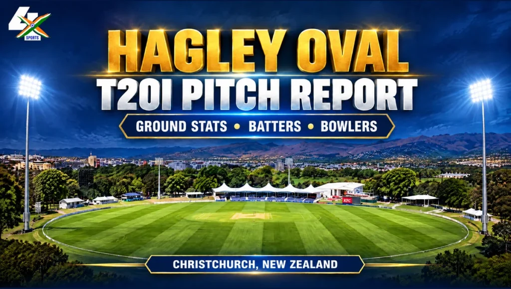 Hagley Oval T20I Pitch Report — AI editorial stadium illustration.