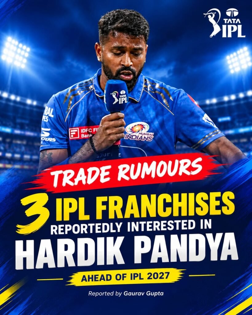 Hardik Pandya in a Mumbai Indians jersey in a supplied IPL 2027 trade-rumour graphic.
