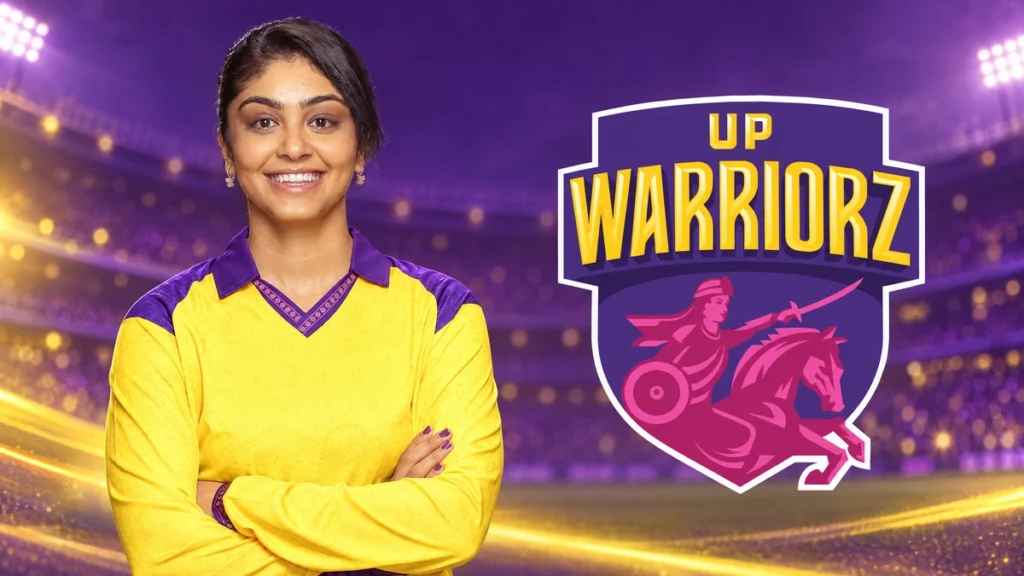 Harleen Deol on the left with the UP Warriorz logo on a team-colour background.