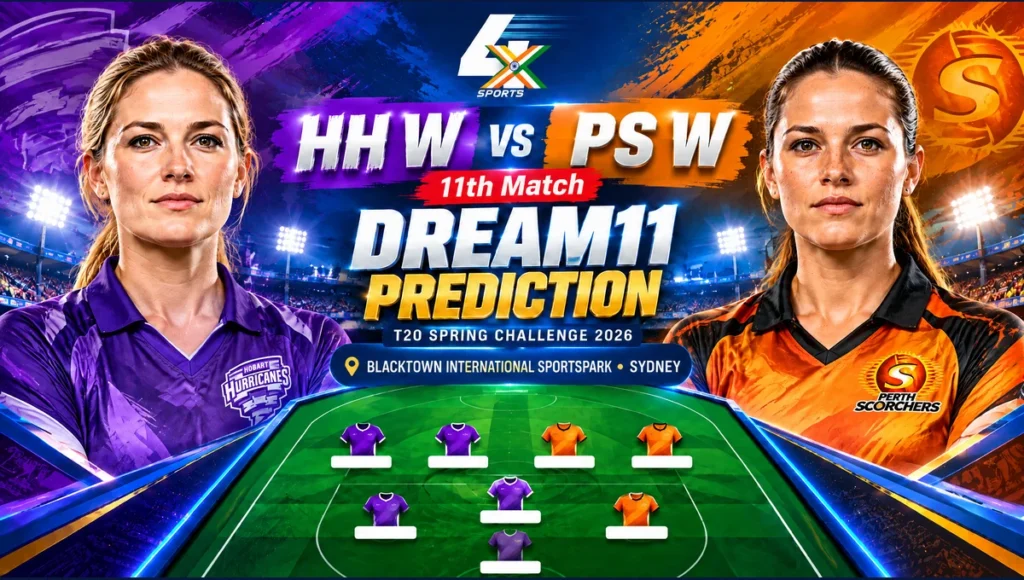 HH W vs PS W Dream11 Prediction — 11th, Sydney, 2026-10-17. Promotional cricket illustration.