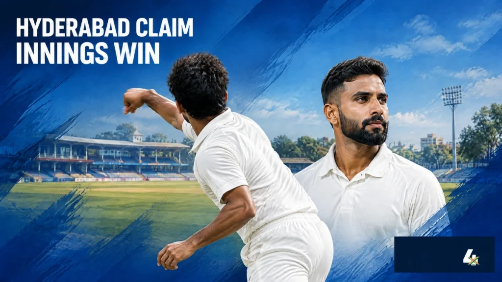 Editorial illustration of an anonymous spinner and Mohammed Siraj for Hyderabad’s Ranji win