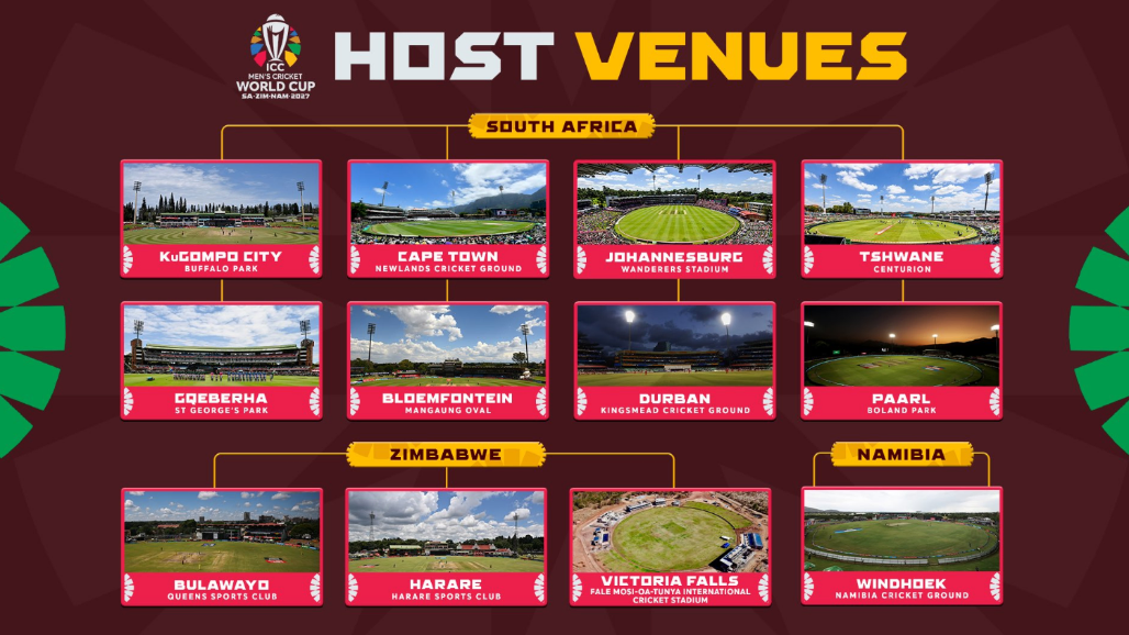 ICC World Cup 2027 host venues chart: eight grounds in South Africa, three in Zimbabwe and one in Namibia