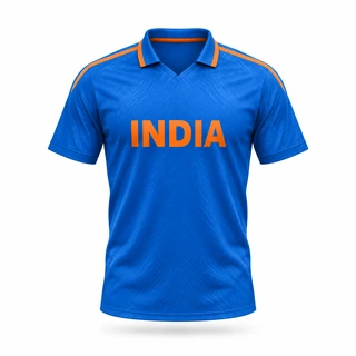 India blue team-colour editorial jersey illustration; not an official kit photograph.