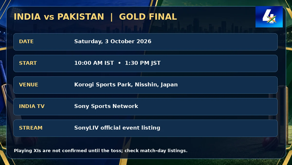 India vs Pakistan men’s Asian Games gold final: 3 October 2026, 10 am IST, Korogi Sports Park, Sony Sports Network and SonyLIV