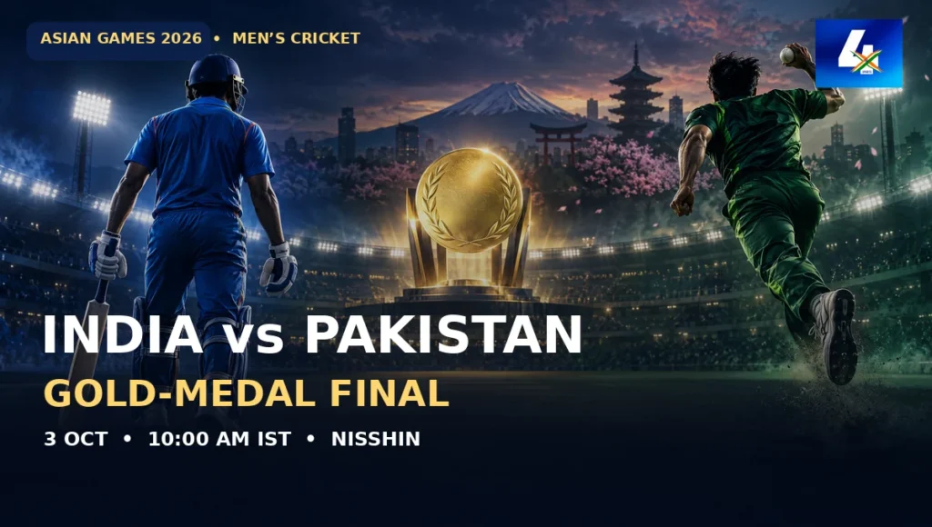 Editorial illustration: India vs Pakistan Asian Games 2026 men’s cricket gold-medal final, 3 October at 10 am IST