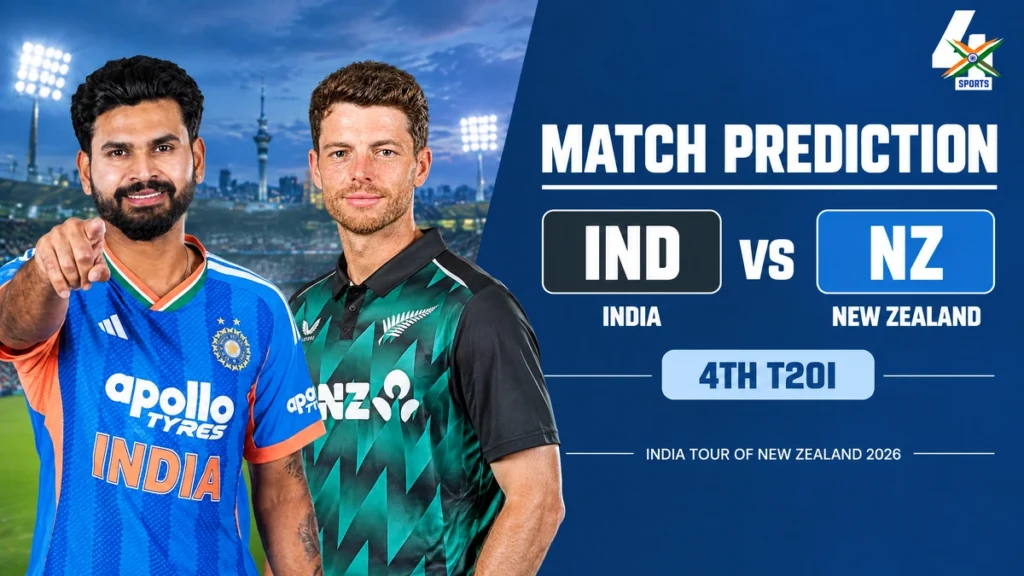 IND vs NZ Match Prediction cover using supplied player photos, with Santner's shirt digitally changed to black and cyan