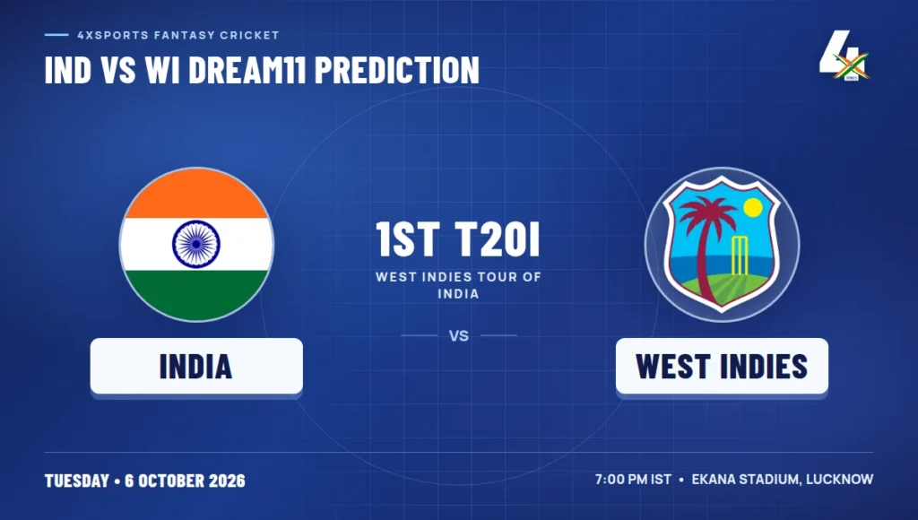 IND vs WI Dream11 prediction for the 1st T20I at Ekana Stadium in Lucknow, 6 October 2026; India flag and Cricket West Indies crest on 4xSports graphic