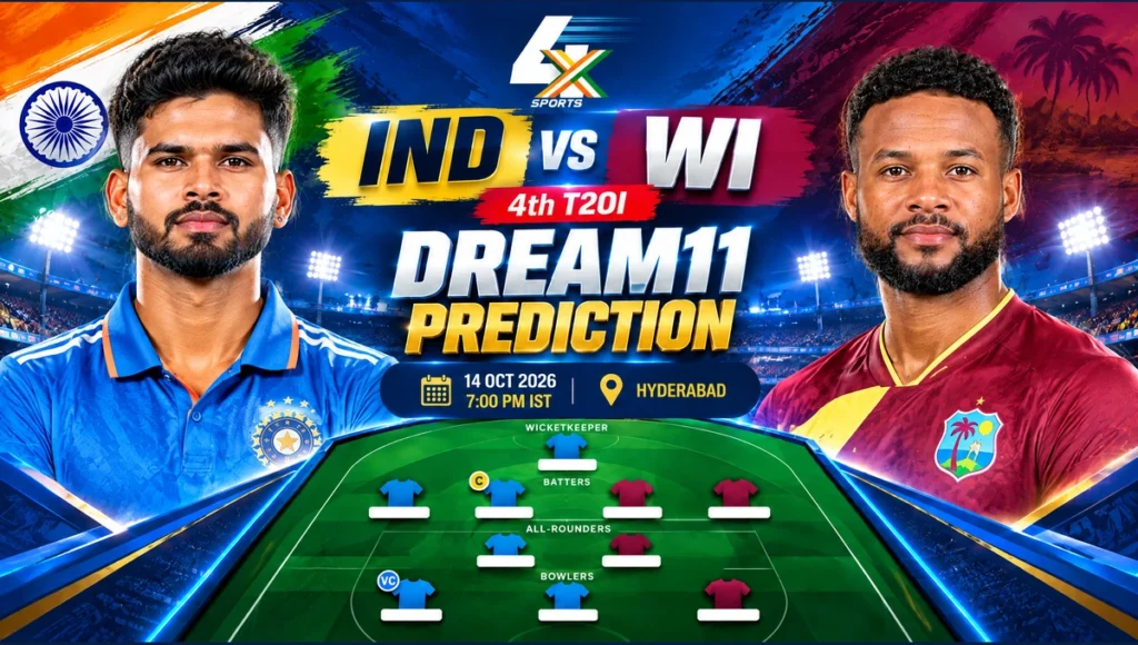 IND vs WI Dream11 Prediction 4th T20I cover for 14 October 2026 at Rajiv Gandhi International Stadium, Hyderabad