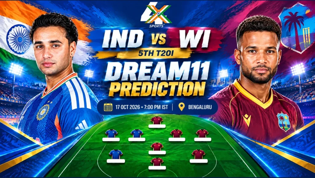 IND vs WI Dream11 Prediction — 5th T20I, Bengaluru, 2026-10-17. Promotional cricket illustration.