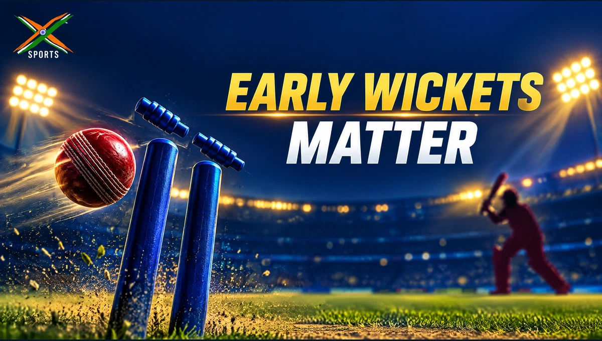 IND vs WI news illustration of a cricket ball approaching stumps with Early Wickets Matter headline