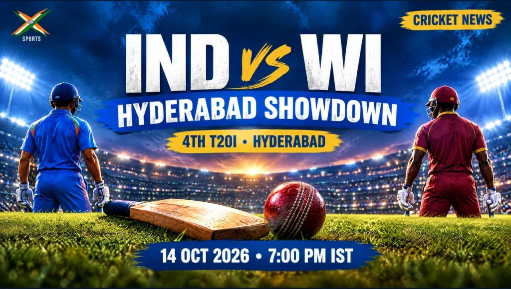 IND Vs WI 4th T20I: 5 Big Battles As India Eye A Thrilling Series Win IND vs WI 4th T20I Hyderabad news cover with blue and burgundy cricket illustrations